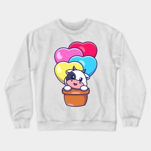 Cute cow flying with love balloon cartoon Crewneck Sweatshirt